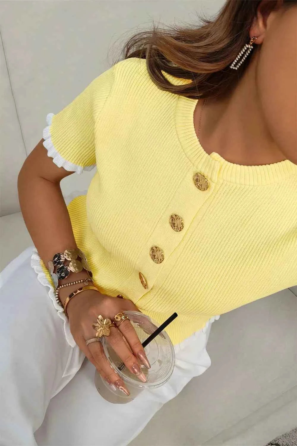 Ribbed Knit Contrast Frilled Short Sleeve Sweater Cardigan