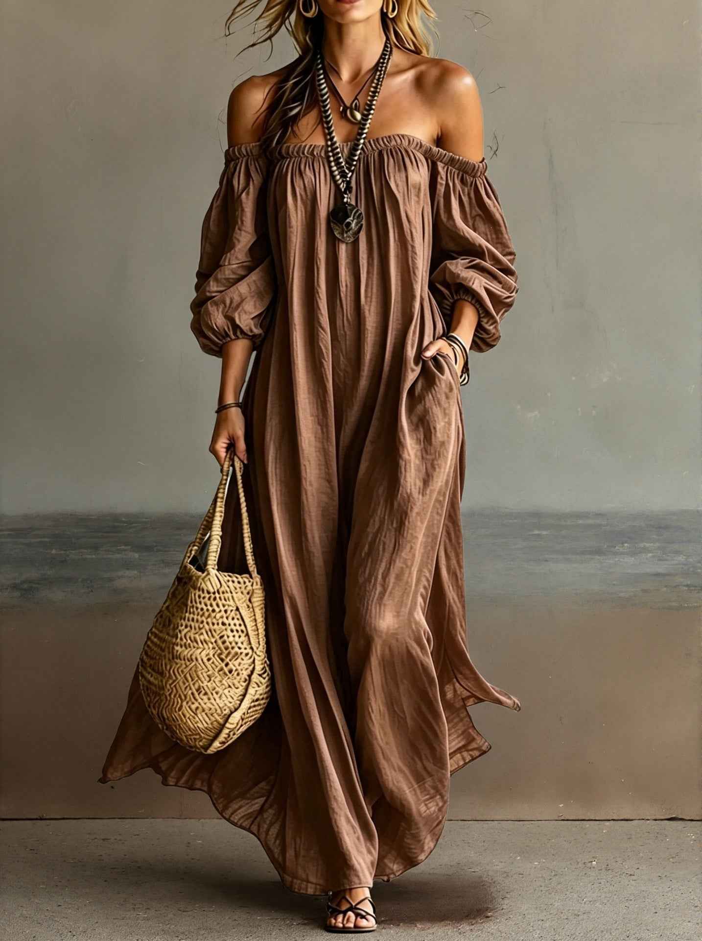Off-shoulder Puff-sleeve Long Dress For Women