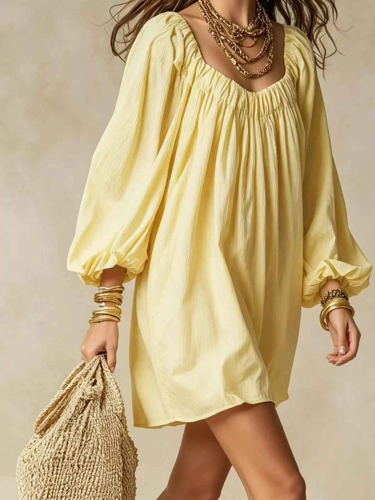 Flowy Balloon Sleeve Mini Dress