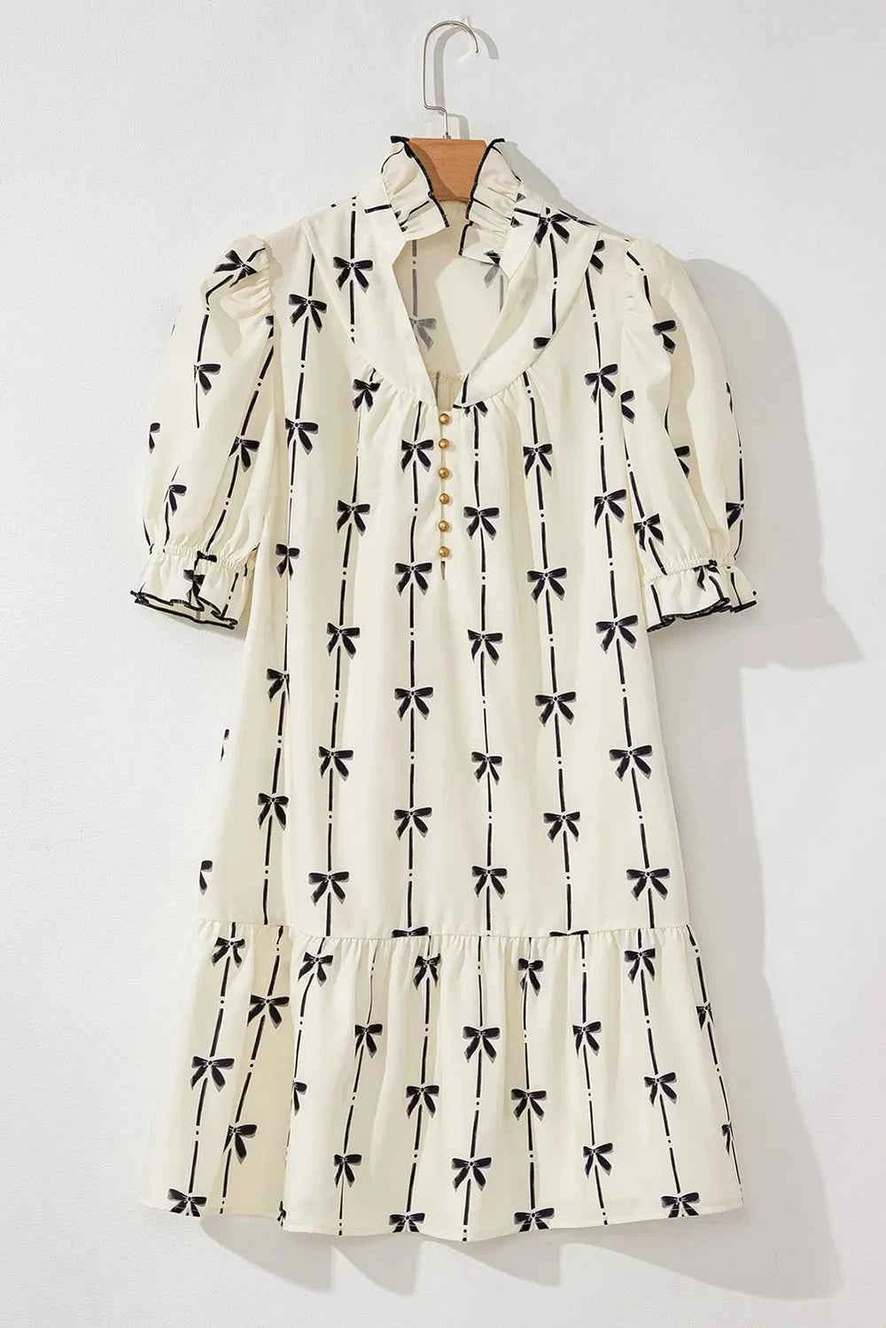 Frill Bow Print Notched Short Sleeve Mini Dress