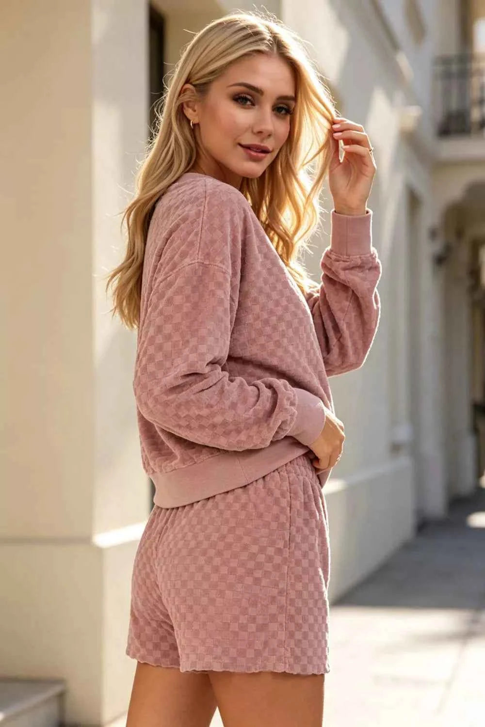 Oh Full Size Checkered Crewneck Cropped Sweatshirt and Elastic Waist Shorts Set Plus Size