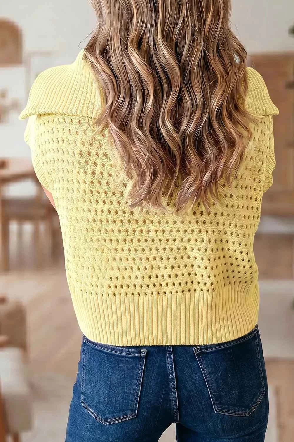 Solid Color Hollowed Knit Short Sleeve Zipper Collar Knitwear Top