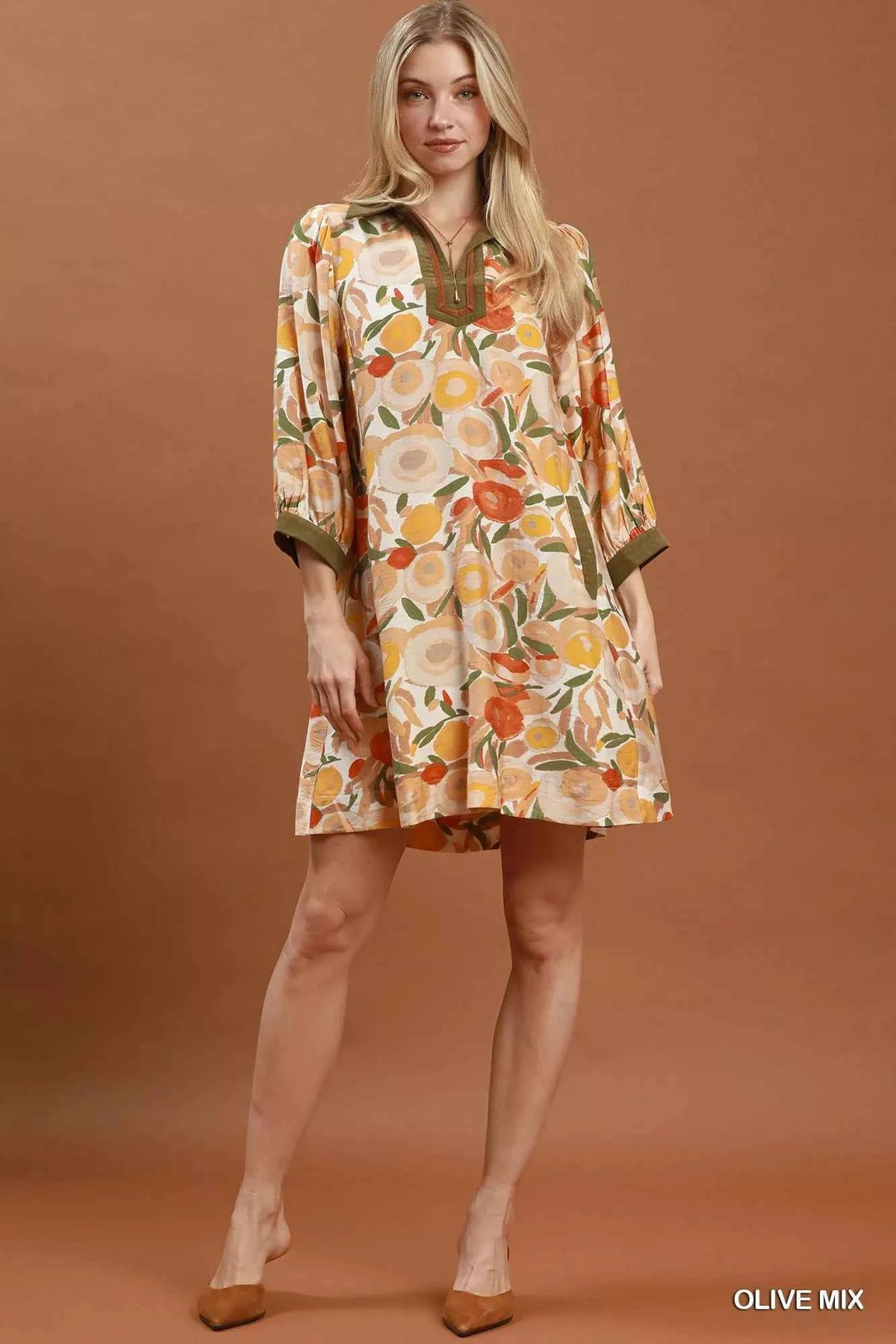 Umgee Mix Floral Contrast Trim Shift Mini Dress
