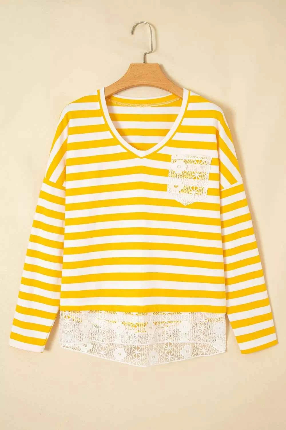 Stripe Striped Lace Patchwork V Neck Long Sleeve Top