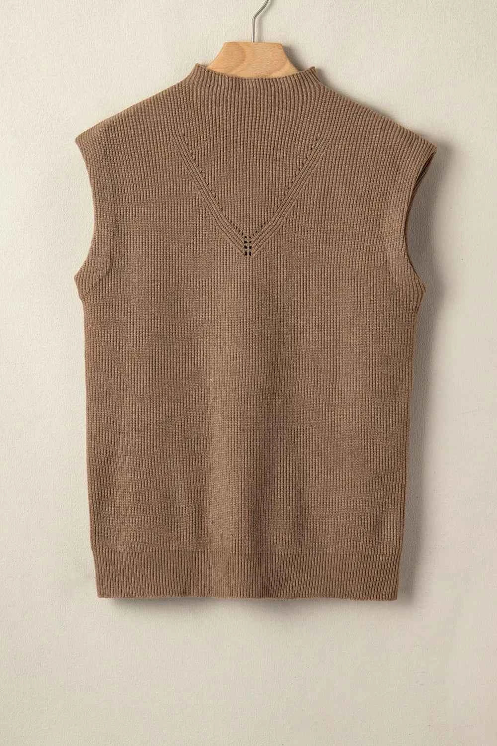 Solid Color Ribbed Knit Mock Neck Loose Sweater Vest