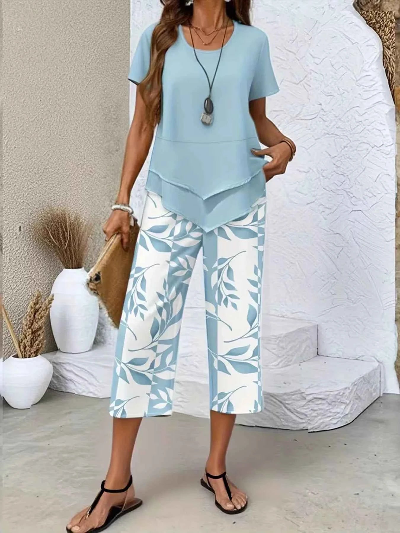 Layered Top and Leaf Print Cropped Pants Set