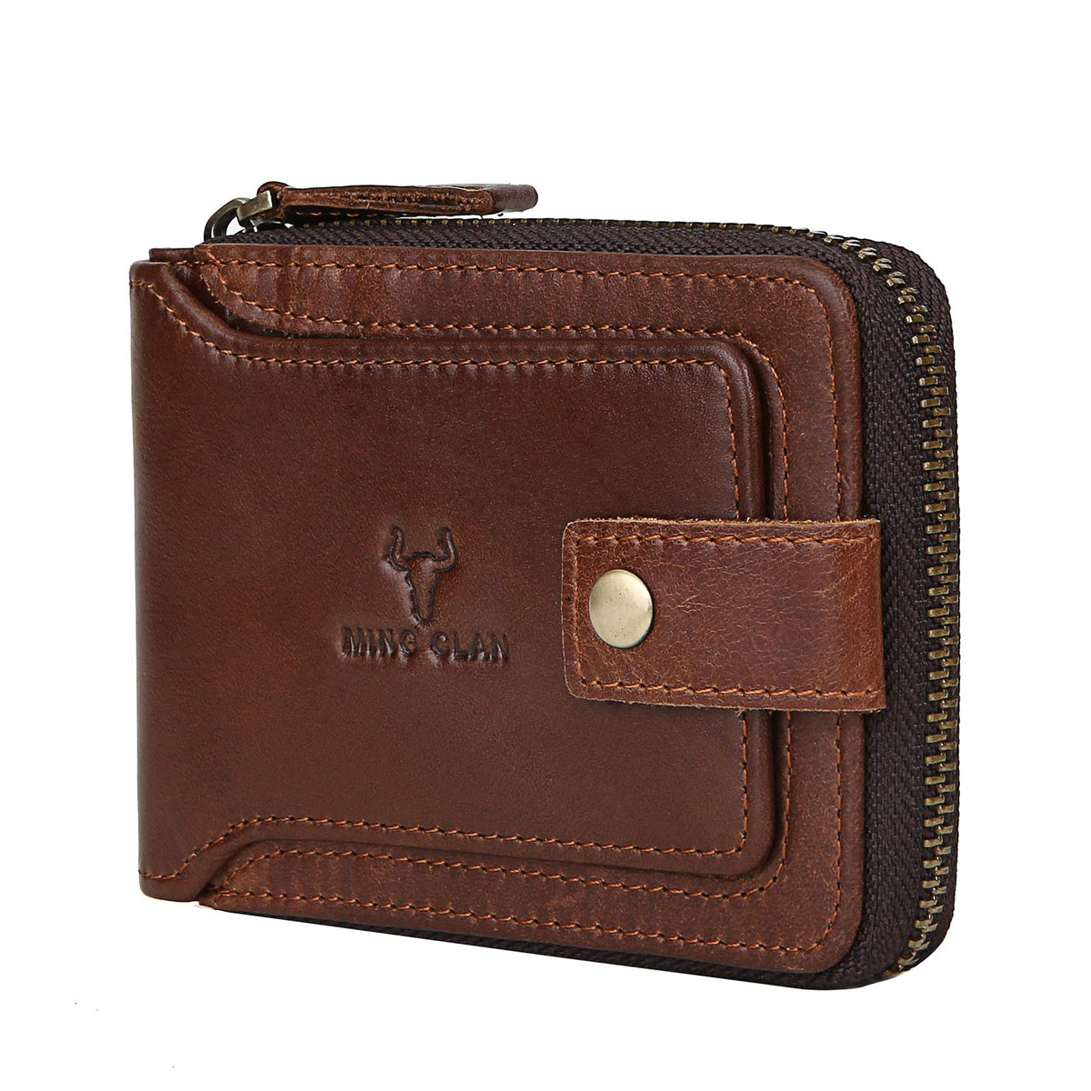 RFID Blocking Leather Wallet for Men - MING CLAN Brown Zipper Bifold Wallet with Flap ID Window & Large Capacity - Amaryllisstores