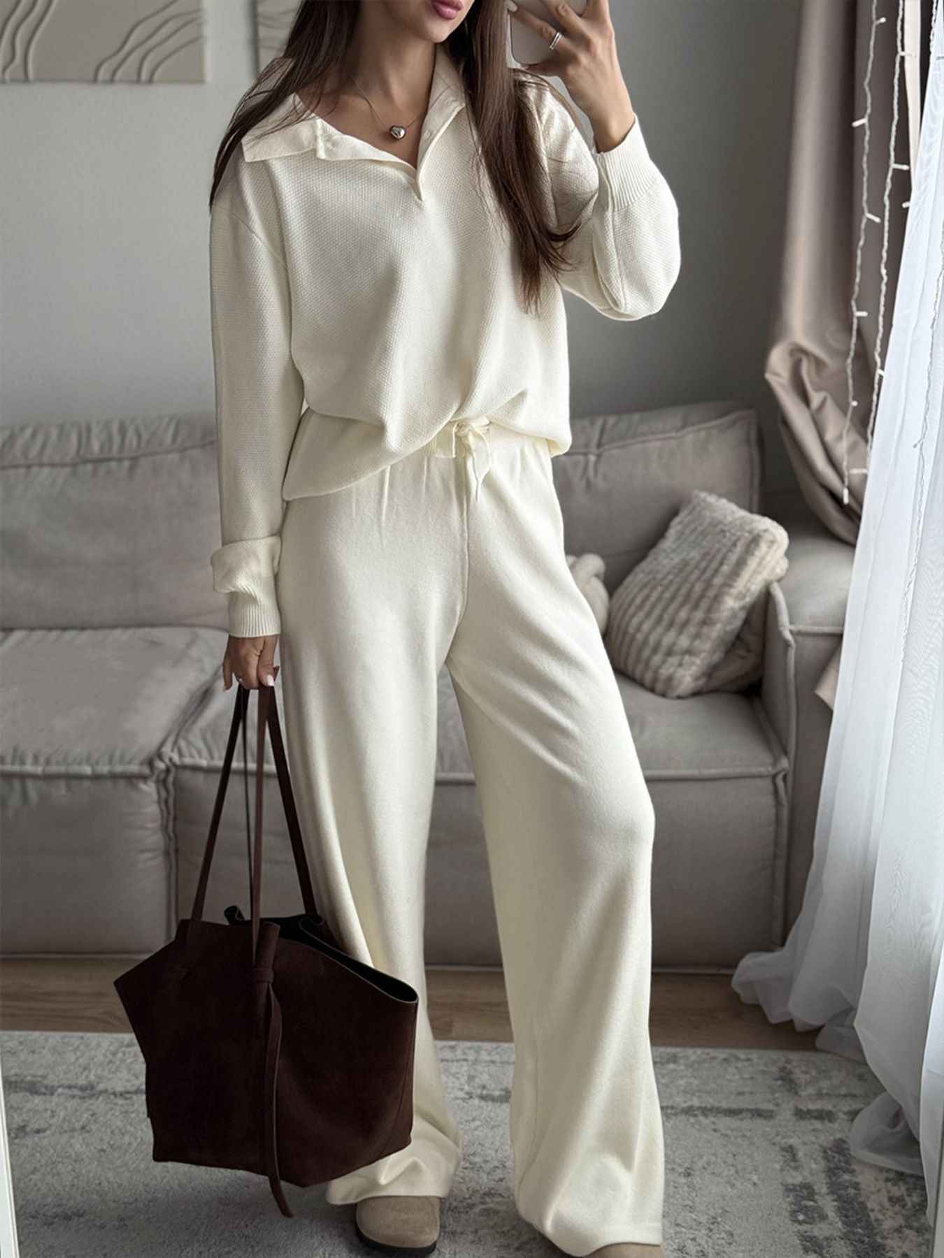 Polo Collar Top and Pants or Skirt Knit Set