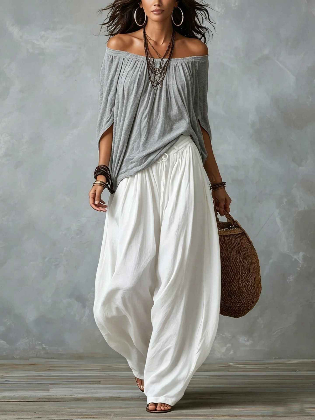 Women's Off-Shoulder Suit Long Sleeve Top And Flare Leg Pants Set - Loose Fit Casual Two Piece Outfit