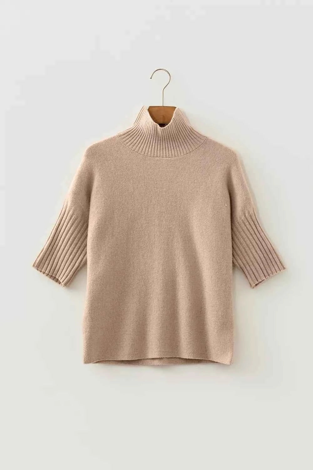 Ribbed Trim High Neck Short Sleeve Casual Sweater