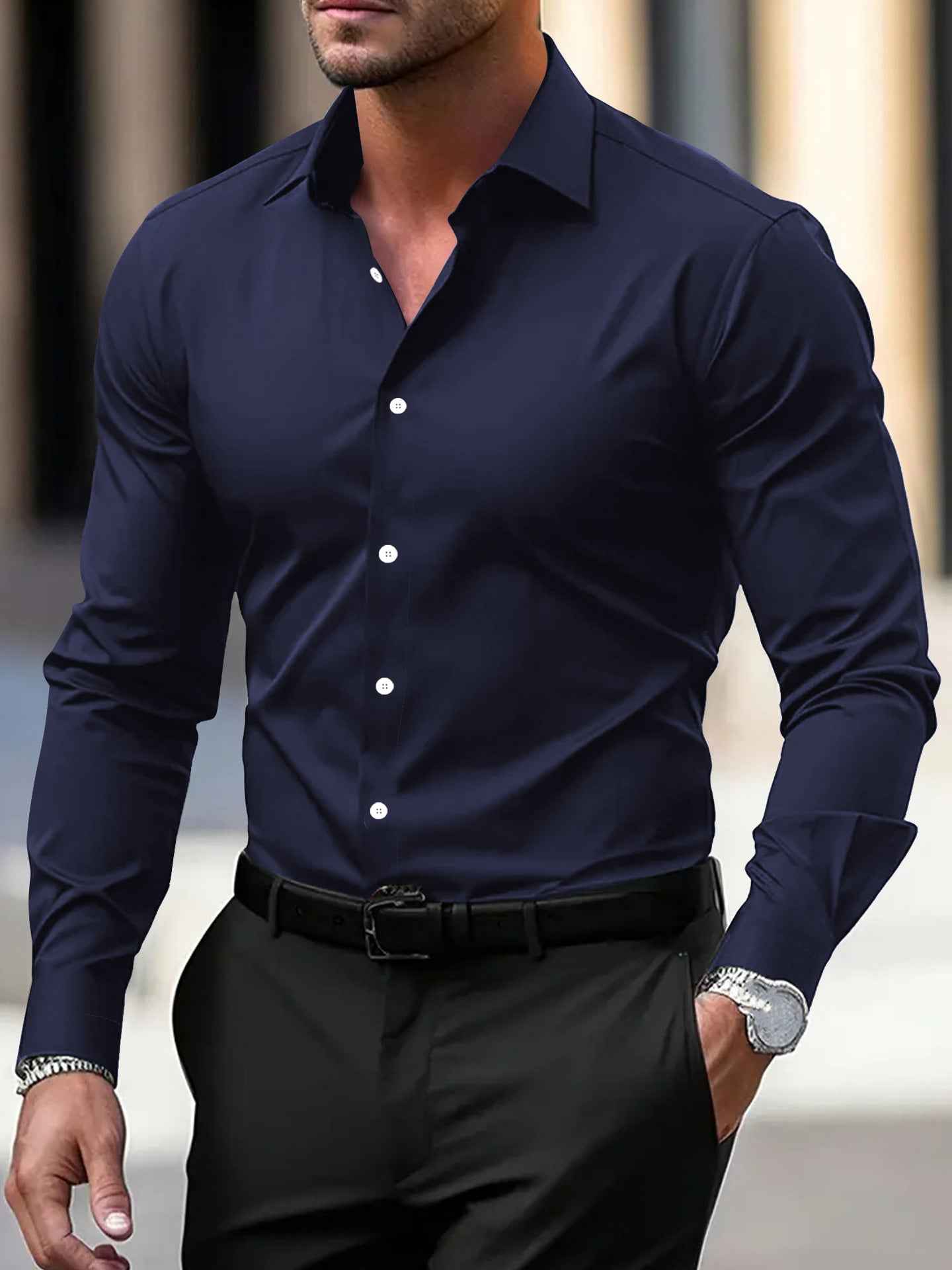 Men's Shirt Business Button Down Shirt Summer Solid Color Long Sleeve Lapel Vacation Shirt Fashion Temperament Casual Tops