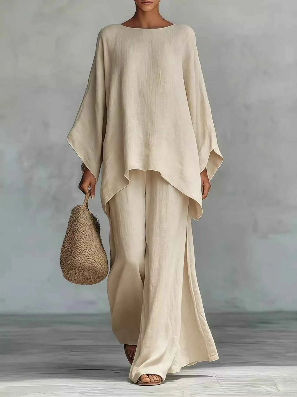 Full Size Round Neck Top and Wide Leg Pants Set Plus Size