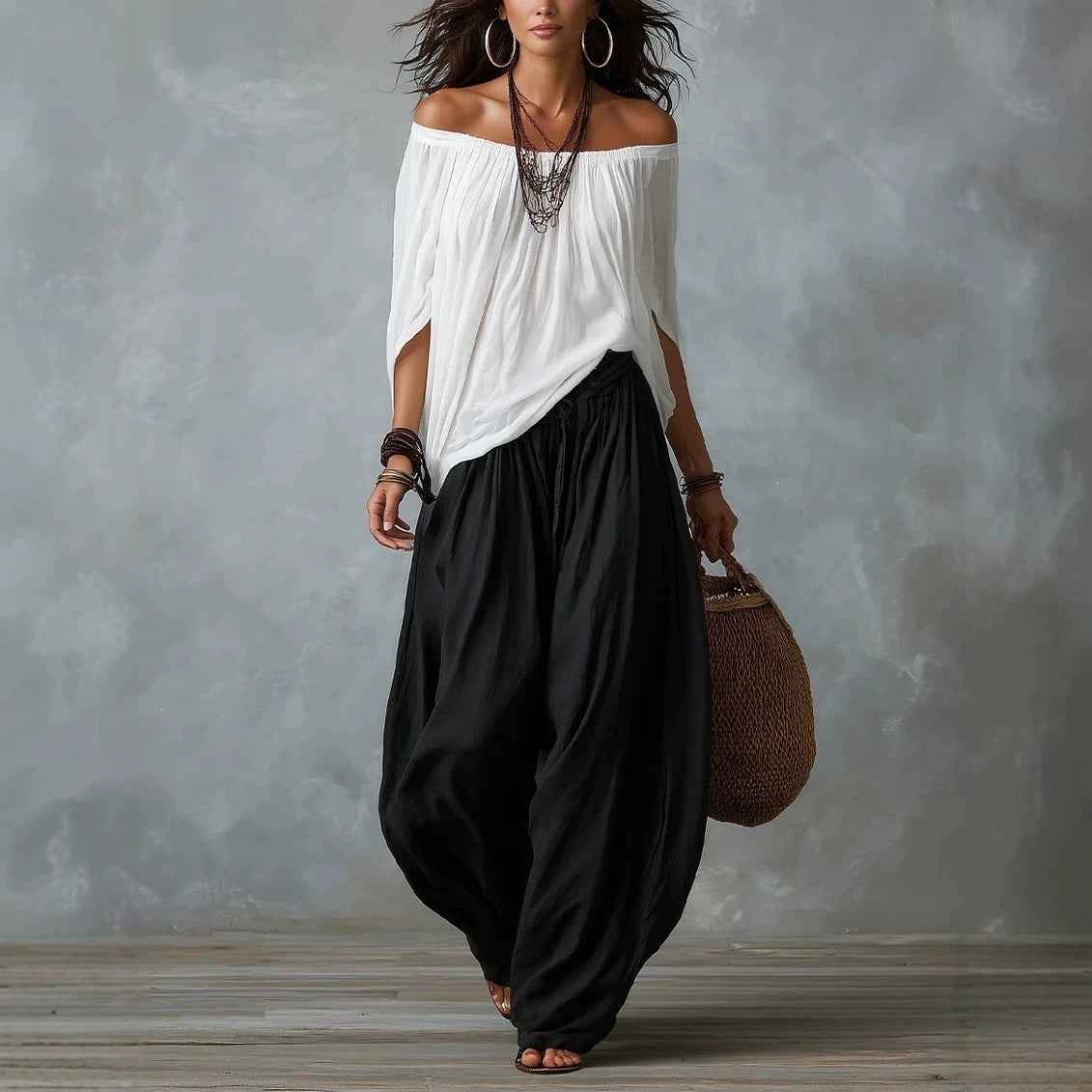 Women's Off-Shoulder Suit Long Sleeve Top And Flare Leg Pants Set - Loose Fit Casual Two Piece Outfit
