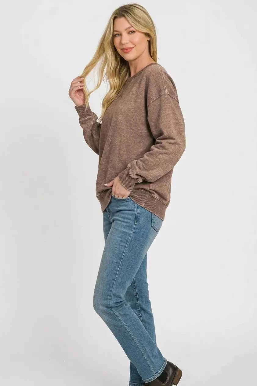 Zenana Fleece Acid Enzyme Washed Round Neck Sweatshirts