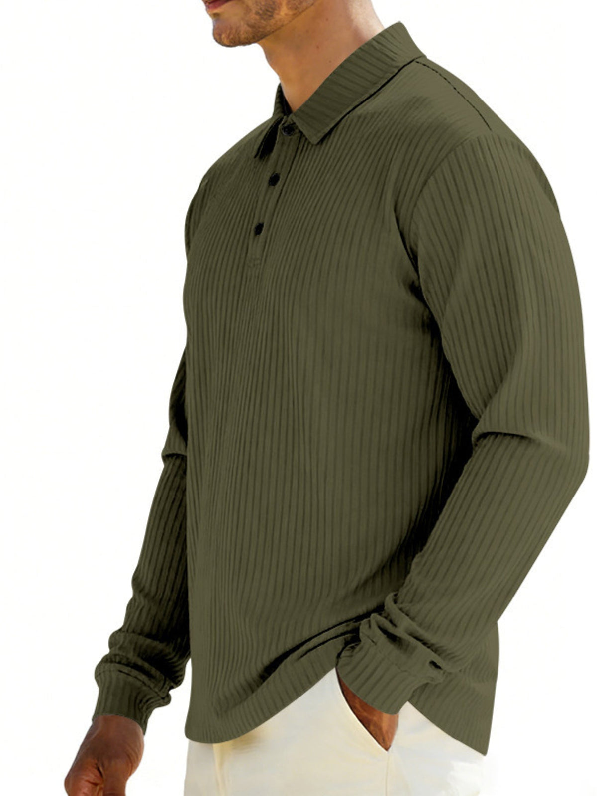 Men's Full Size Ribbed Long Sleeve Polo with Button Detail Plus Size
