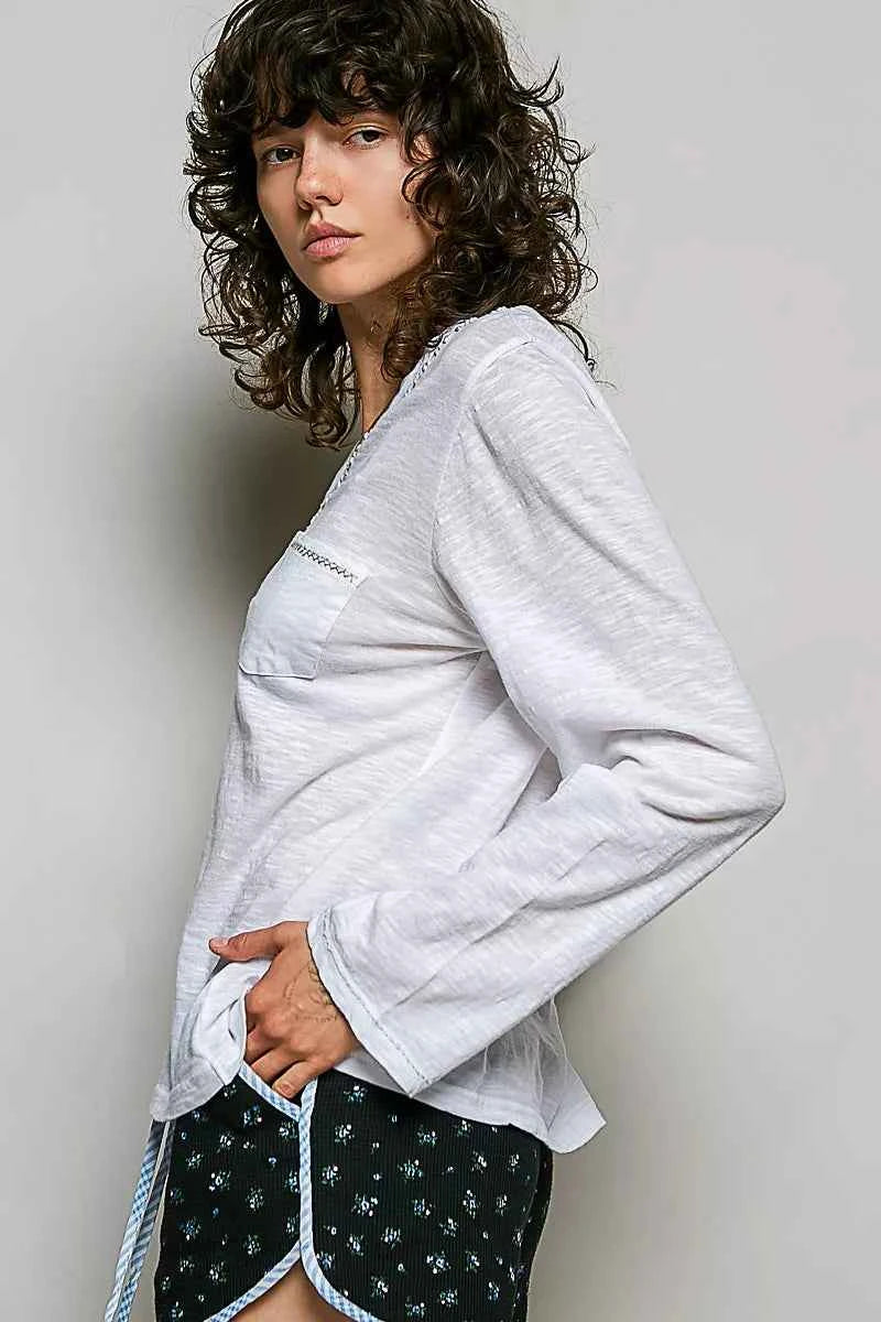 POL Contrast Hand-Stitch V-Neck Lightweight Knit Long Sleeve Top