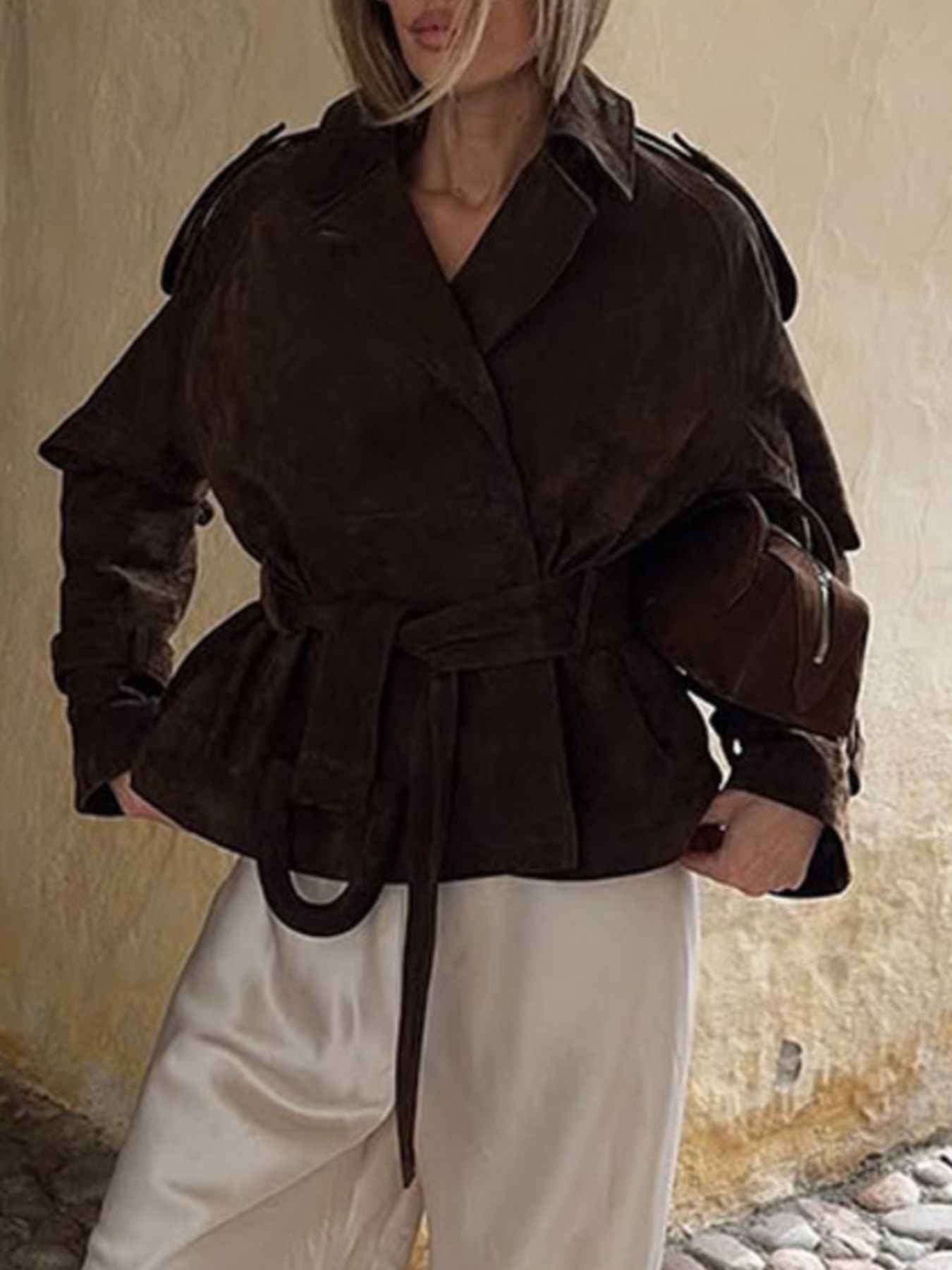 Lapel Collar Tie Waist Outerwear