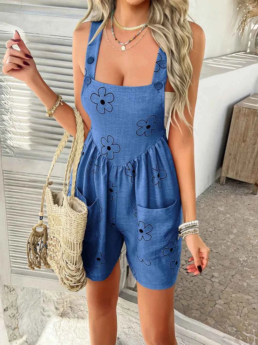 Devine Flower Wide Strap Overalls with Pockets