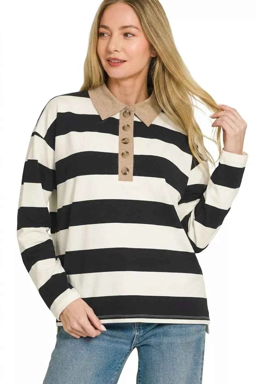 Zenana Striped Contrast Collar Polo Tee