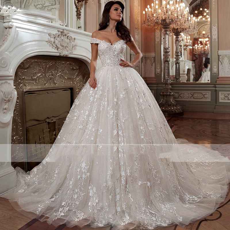 Off-shoulder French-style Bride Trailing Mori Style Simple Small Wedding Dress