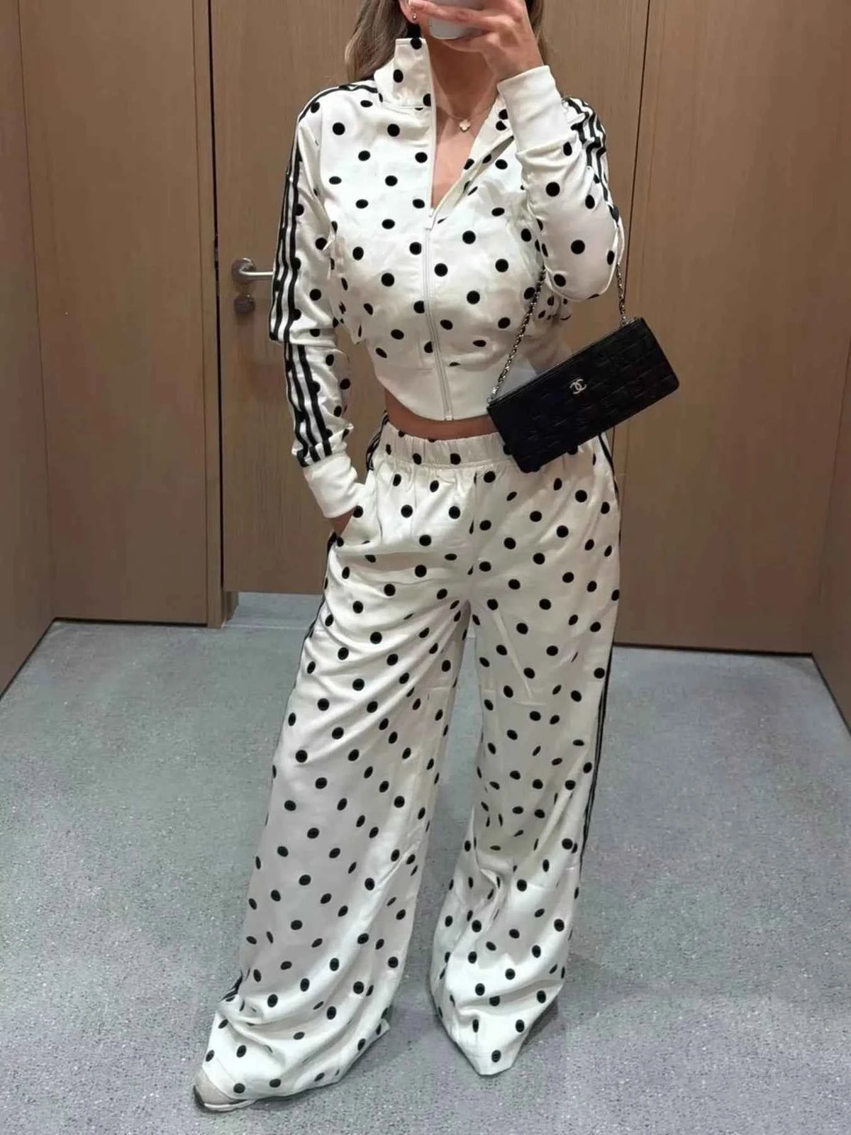 Polka Dot Zip Up Outerwear and Pants Set