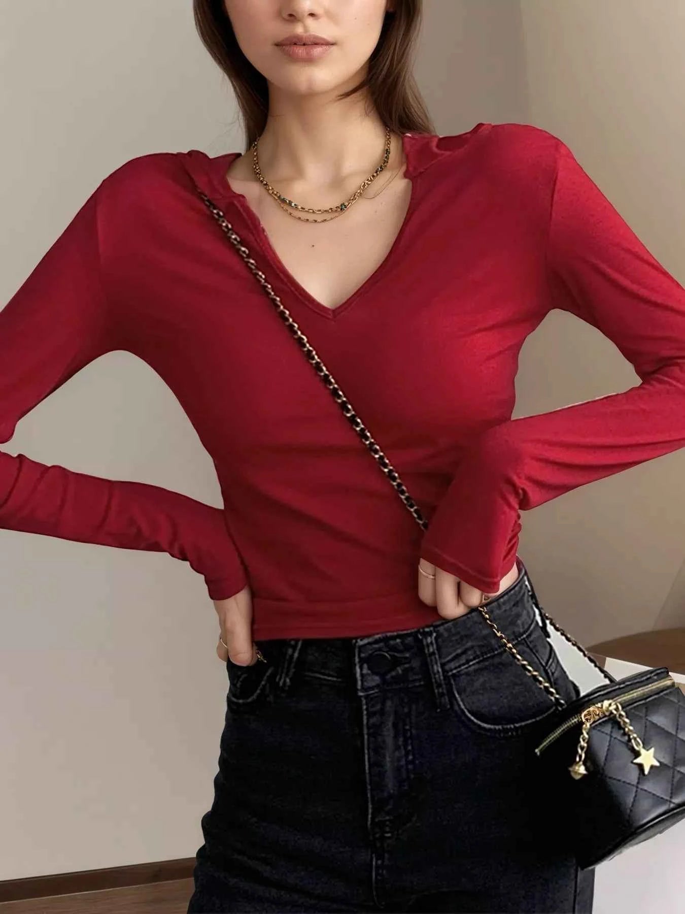 V-Neck Long Sleeve Slim Fit T-Shirt
