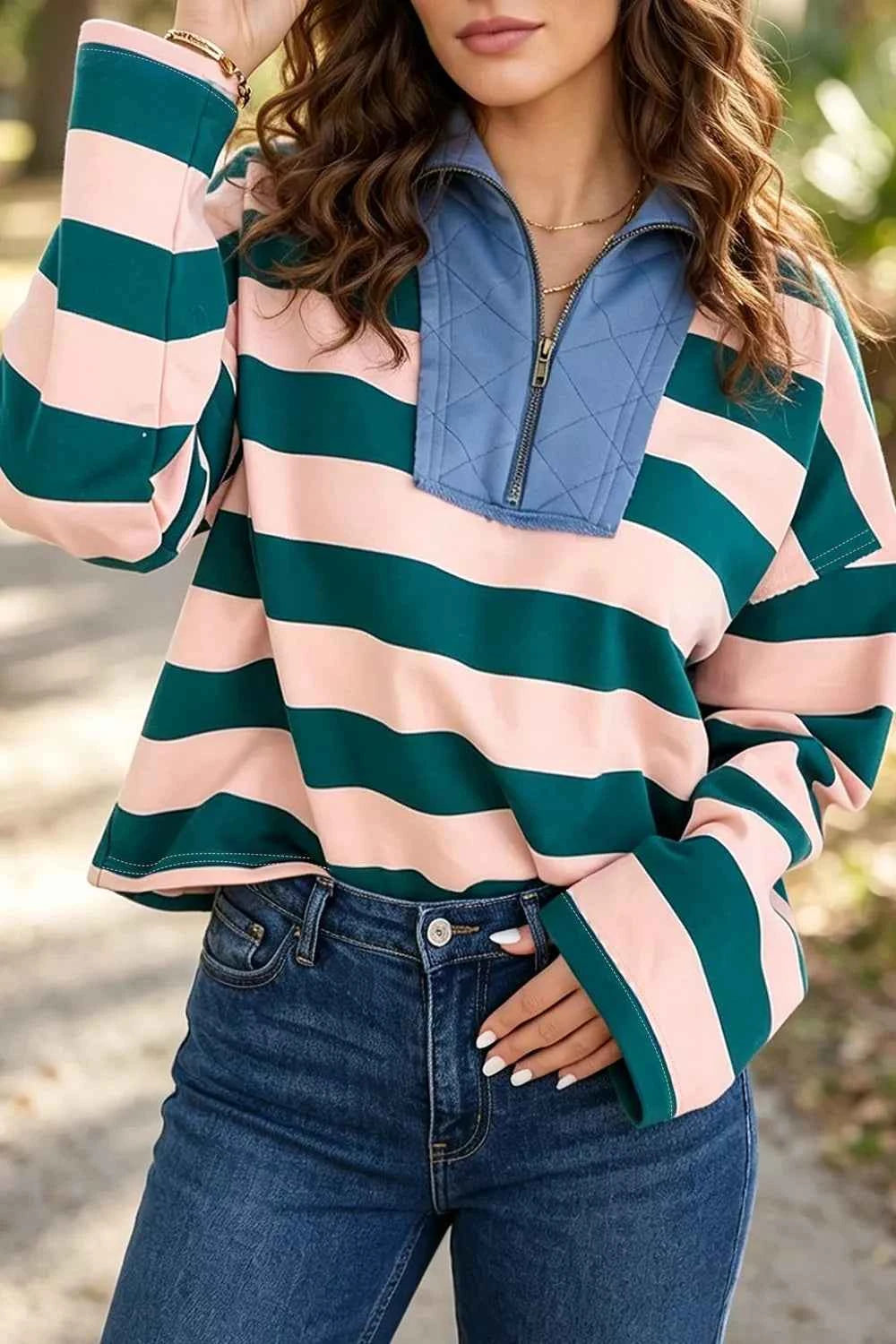 Stripe Quarter-Zip Metal Zipper Cover Stitch Hem Top