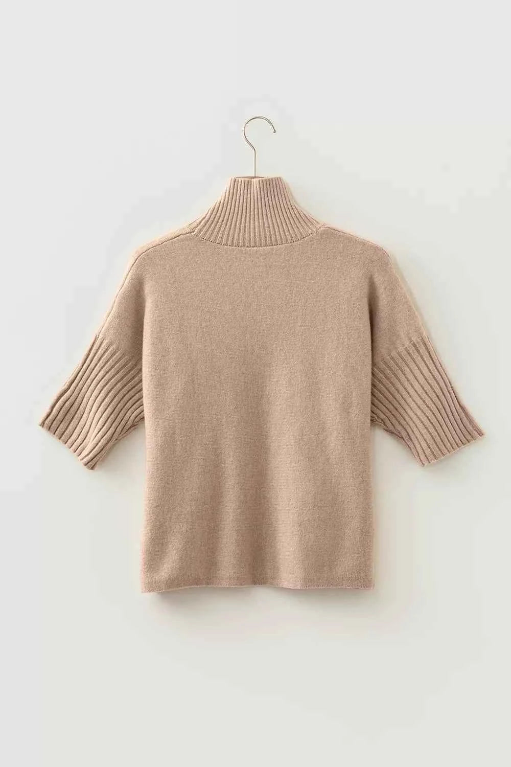 Ribbed Trim High Neck Short Sleeve Casual Sweater