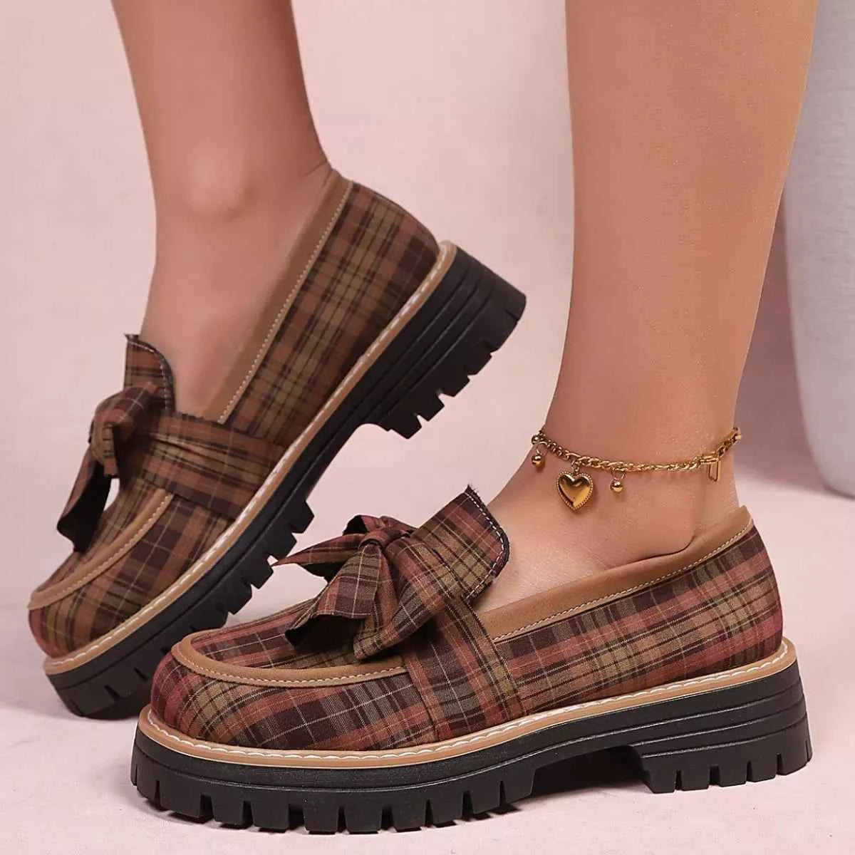 Plaid Bow Decor Chunky Loafers