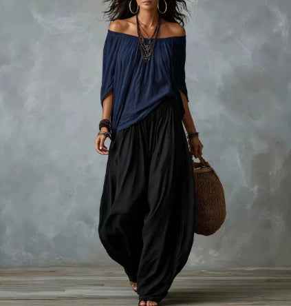 Women's Off-Shoulder Suit Long Sleeve Top And Flare Leg Pants Set - Loose Fit Casual Two Piece Outfit