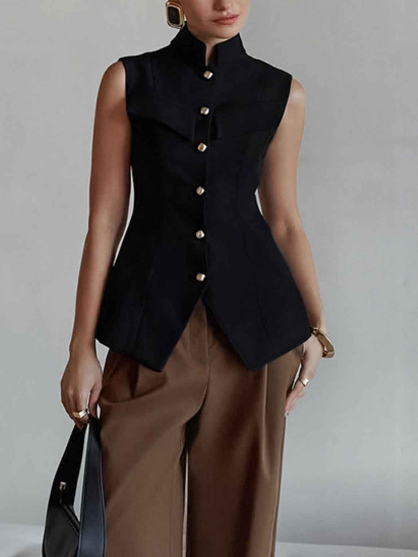 Stand Collar Button-Down Vest Coat