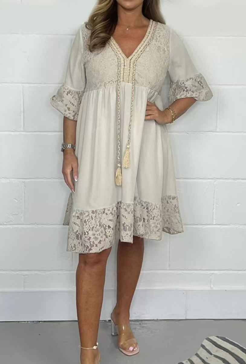 Womens V-neck Patchwork Lace Hollow-Out Dress