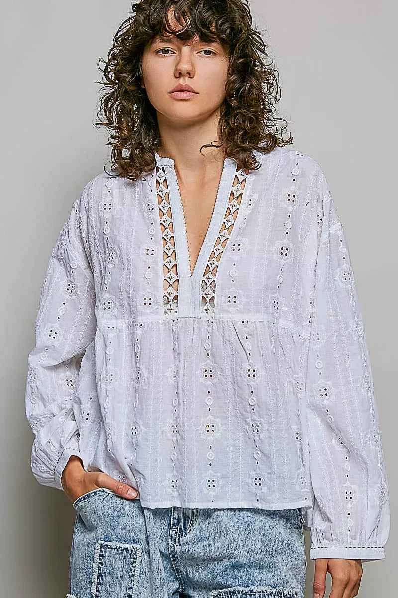 POL Lace Eyelet Long Sleeve Cotton Blouse