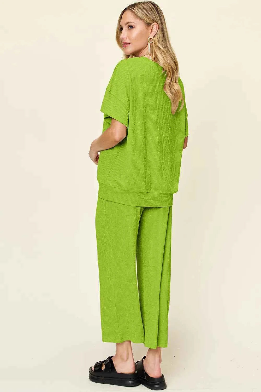 Double Take Full Size Texture Round Neck Short Sleeve T-Shirt and Wide Leg Pants