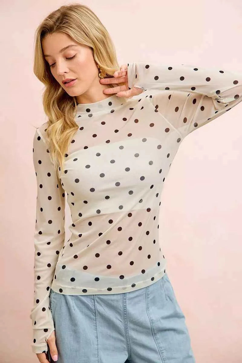 BiBi High Neck Line Polka Dots Mesh Top With Thumb Open