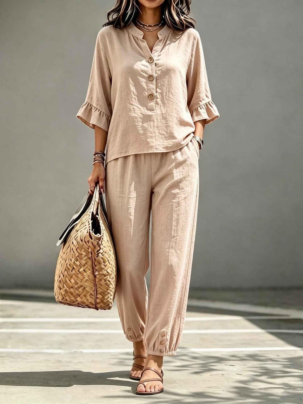 2pcs Set Women's Casual V-neck Collar Button Top Three-quarter-sleeve Top And Cropped Wide Leg Trousers Set Retro Female Office Suit