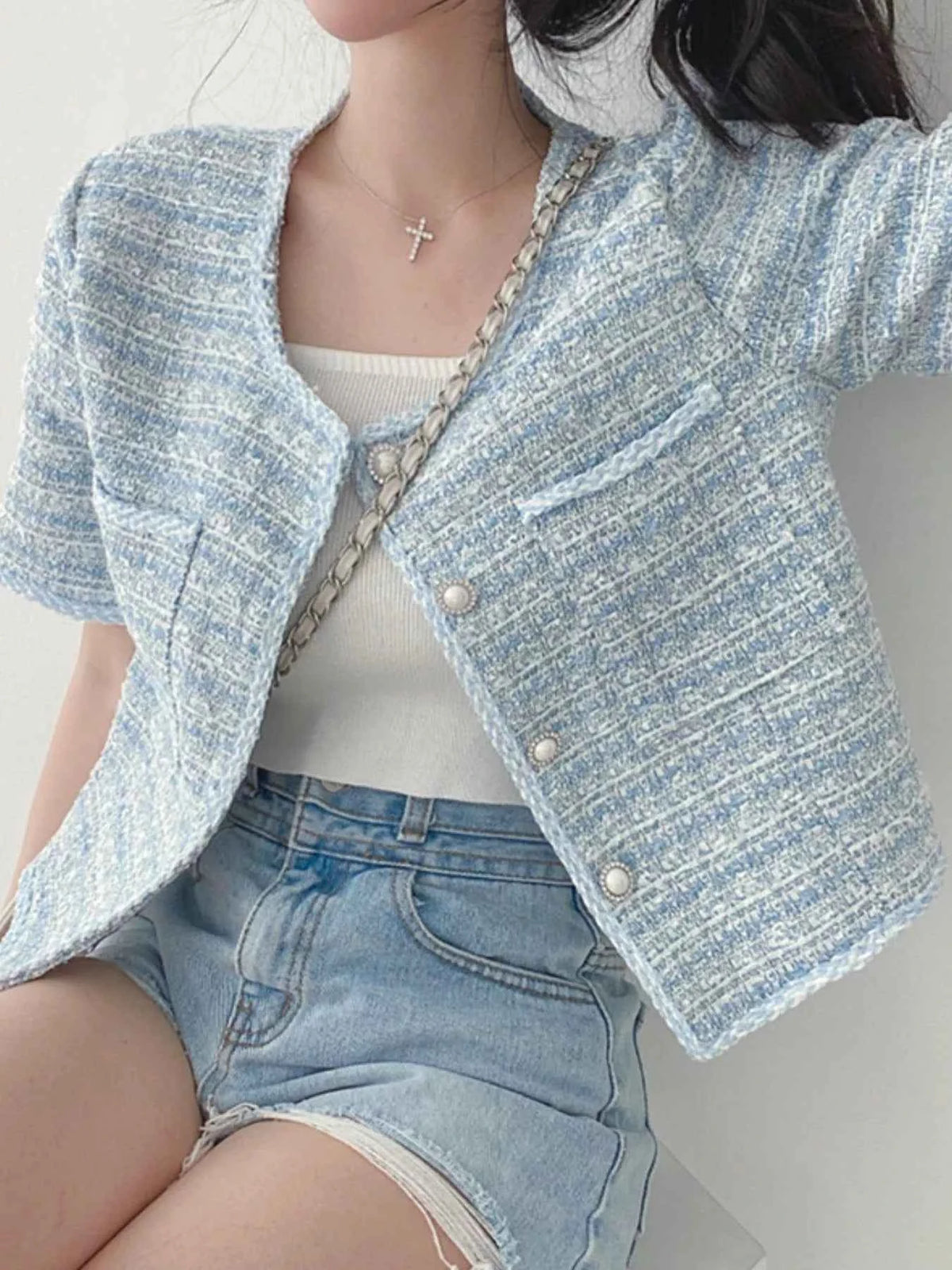 Pearl Button Short Sleeve Tweed Outerwear