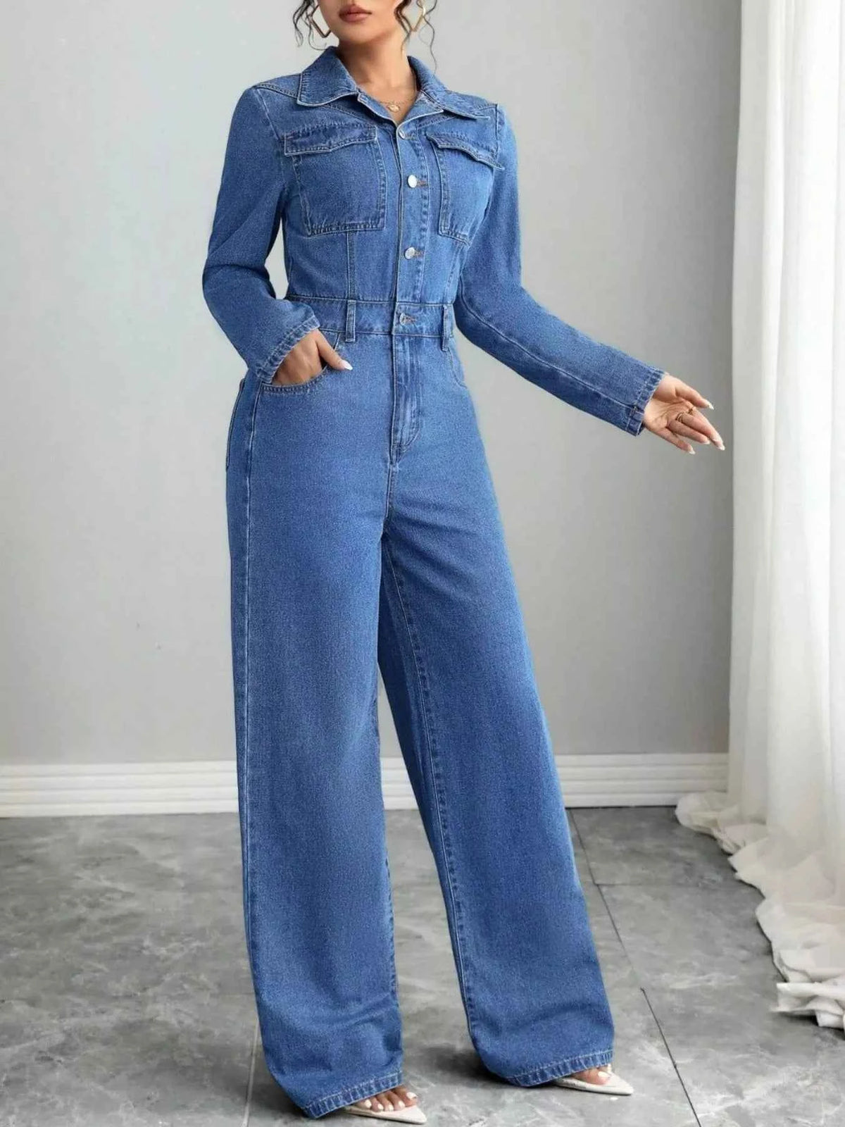 Button Front Long Sleeve Denim Jumpsuit