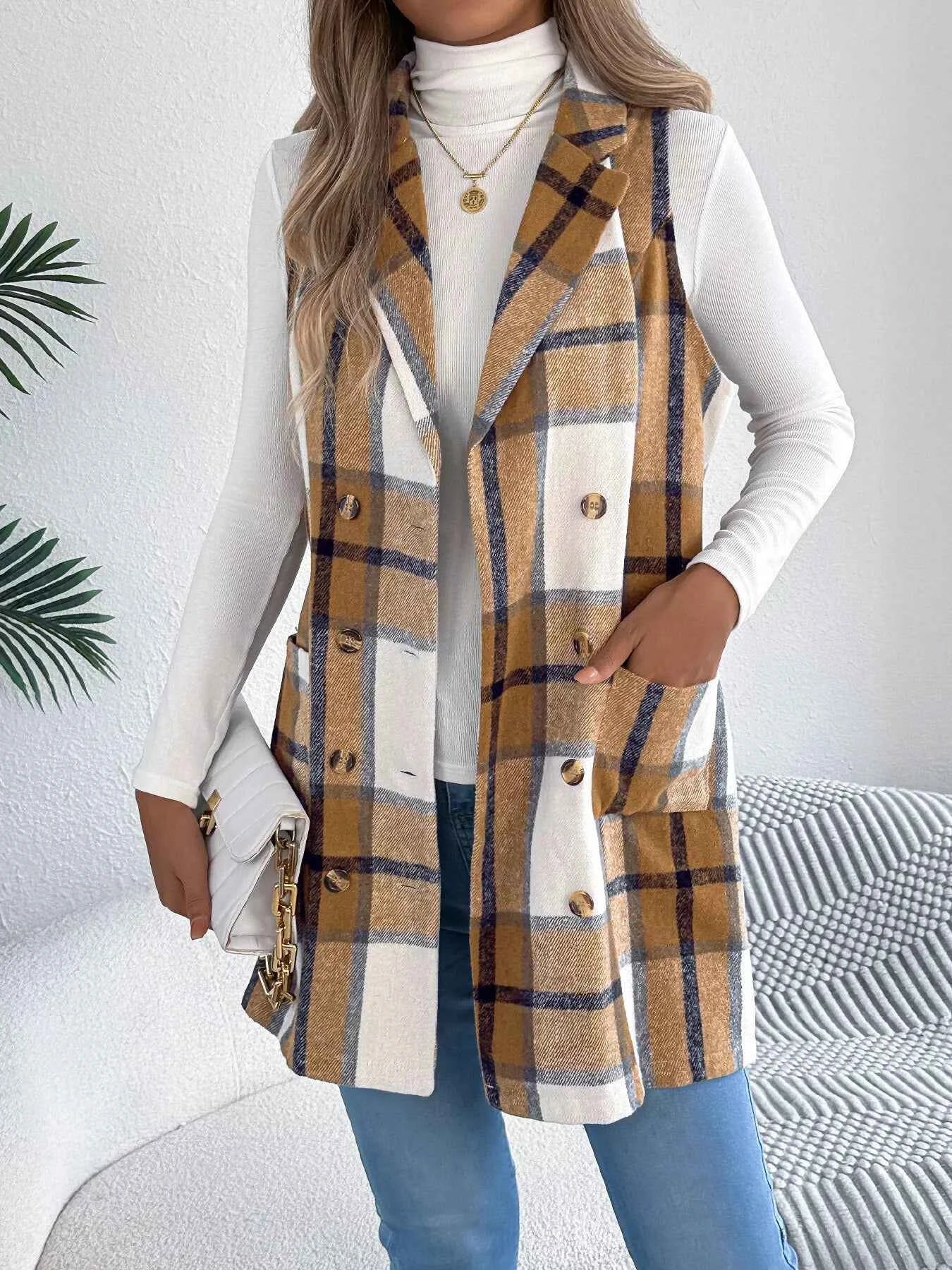 Plaid Double-Breasted Vest Coat