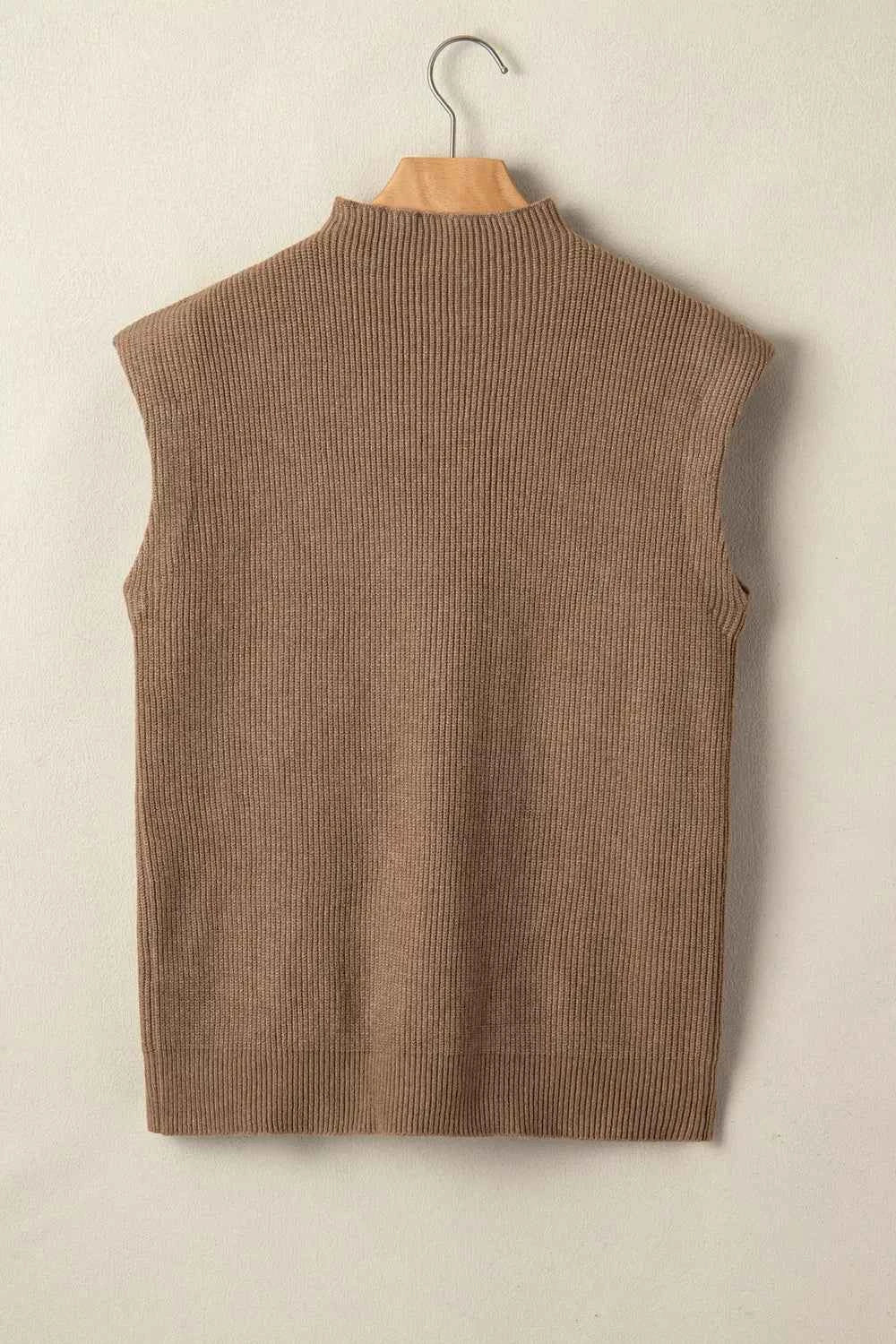 Solid Color Ribbed Knit Mock Neck Loose Sweater Vest