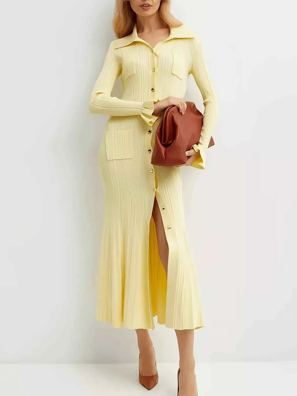 Button-Down Flounce Sleeve Sweater Dress