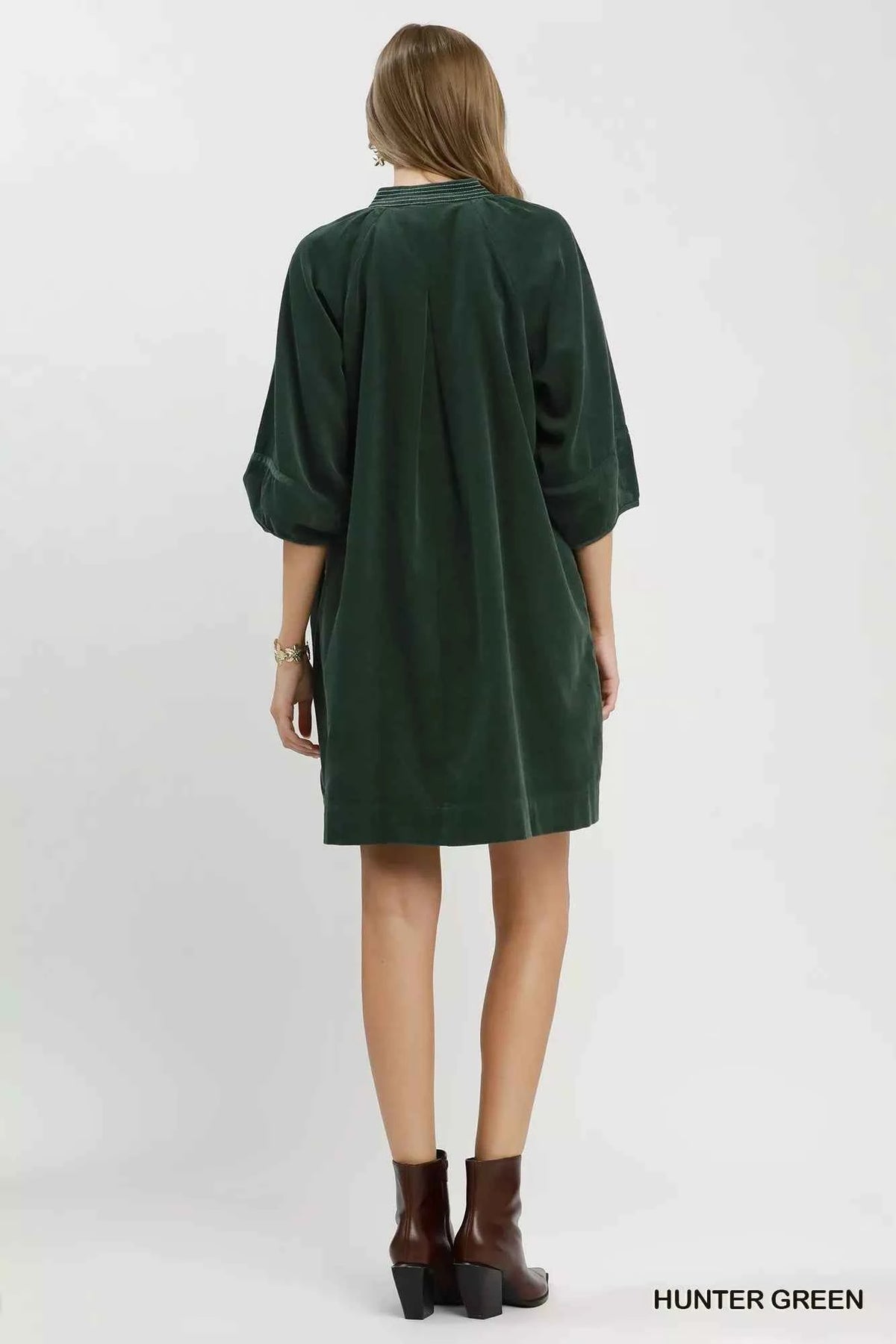 Umgee Corduroy V-Neck Puff Sleeve Shift Dress with Pockets