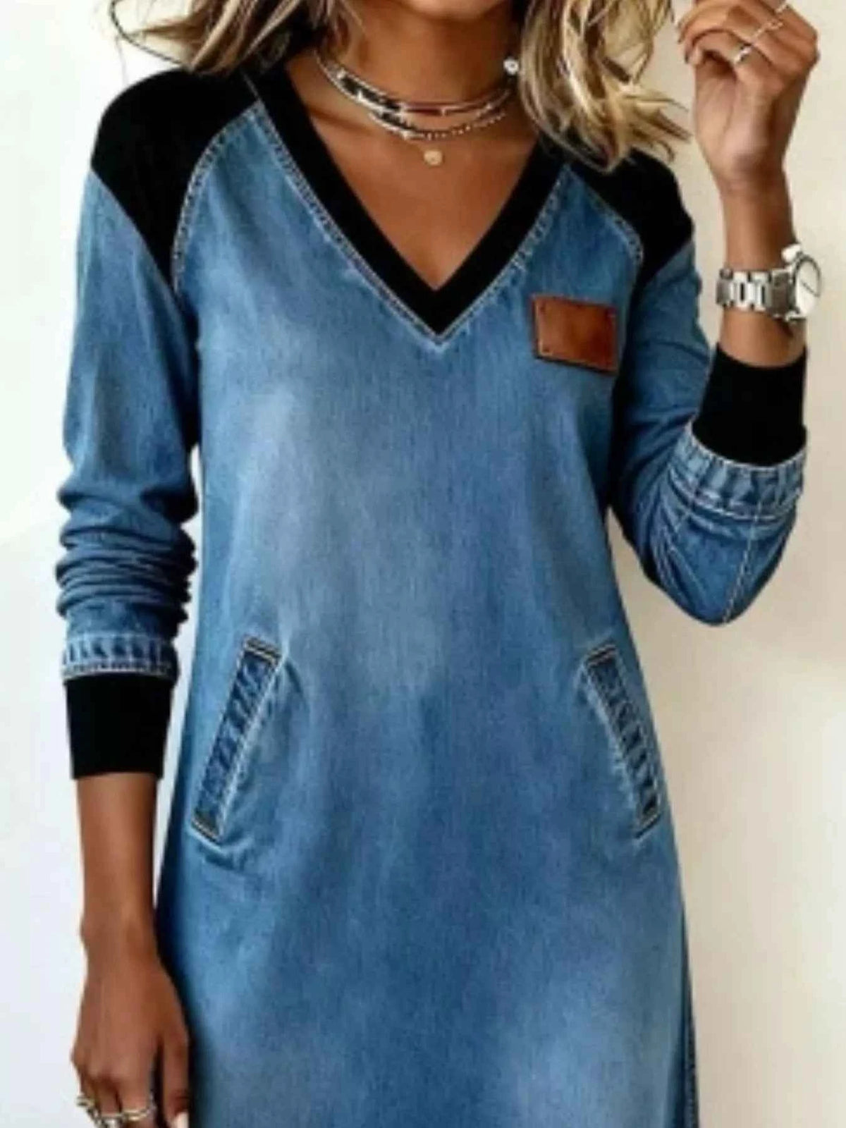 Full Size Contrast V-Neck Midi Dress Plus Size