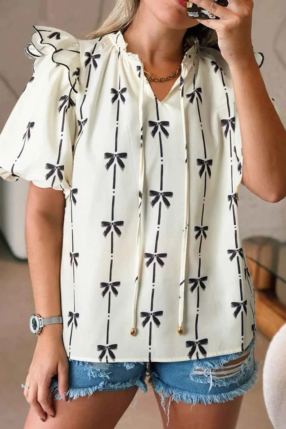 Bow Print Tie Neck Short Sleeve Blouse