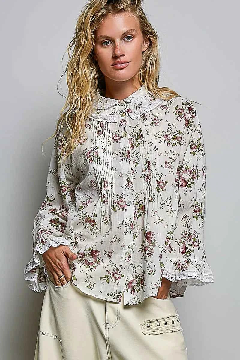 POL Floral Lace Trim Pintuck Button-Down Shirt