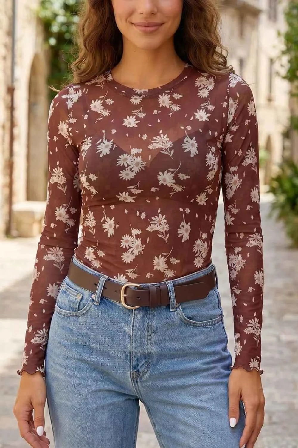 Floral Print Sheer Mesh Long Sleeve Top