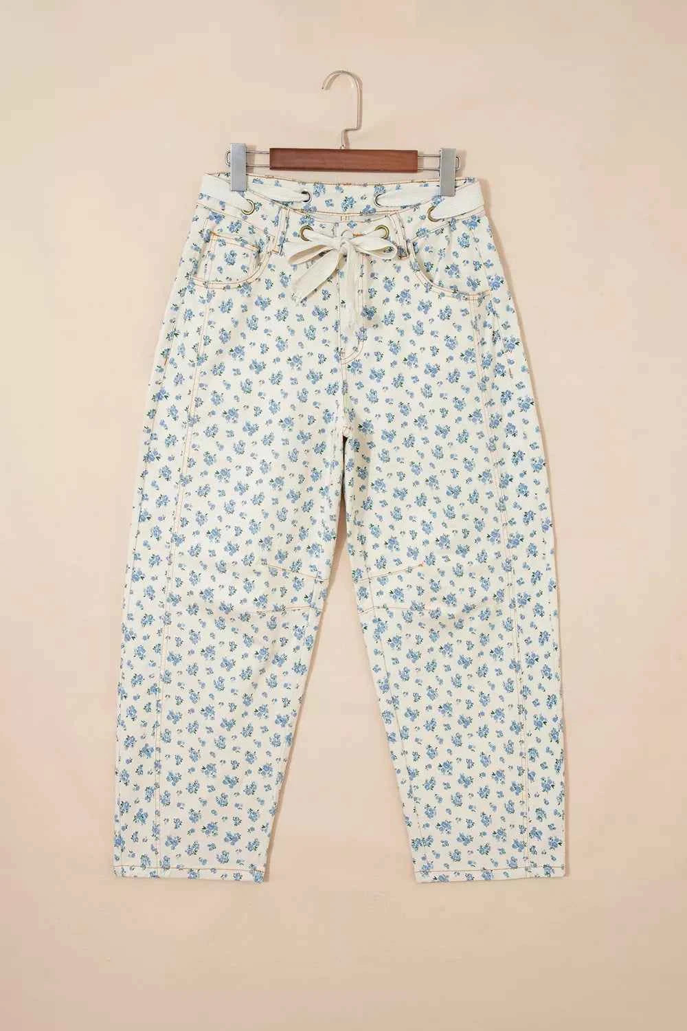 Grommet Knot Waist Floral Barrel Leg Jeans