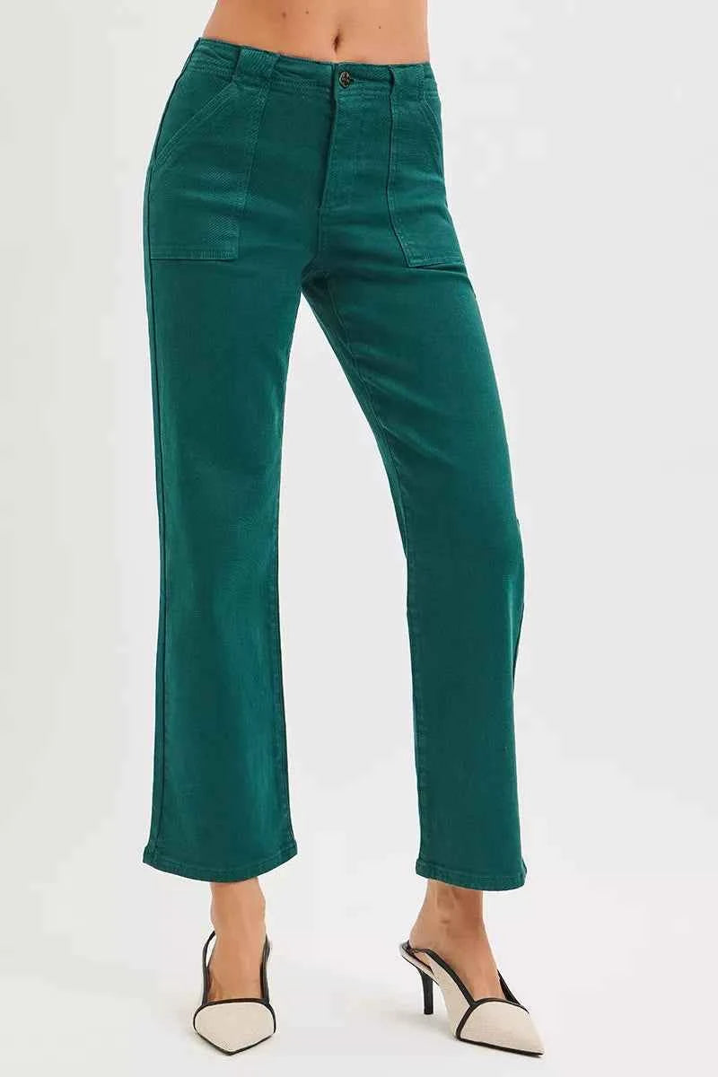 RISEN High Rise Ankle Flare Patch Pocket Jeans