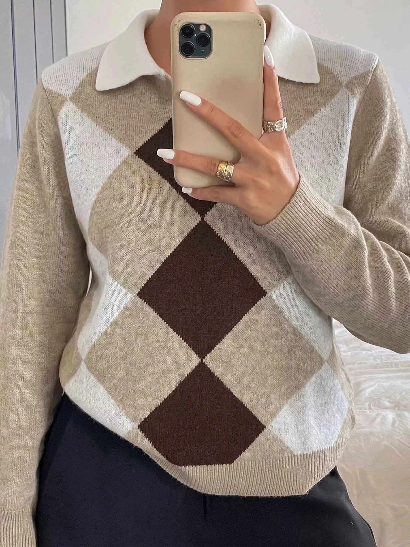 Argyle Patterned Polo Collar Sweater