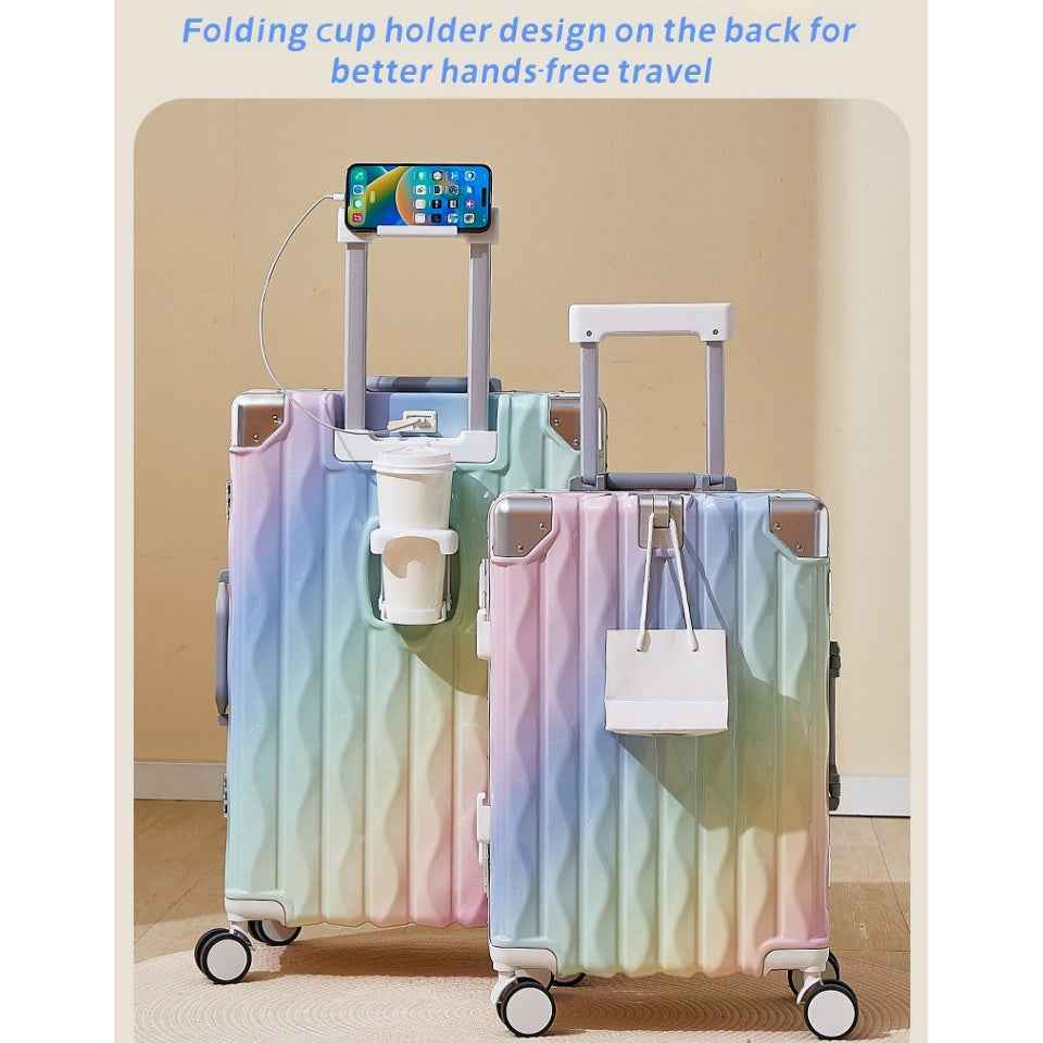 Aluminum Frame Hard Shell Luggage, Colorful And Fashionable, No Zipper Aluminum Frame, TSA Lock, With Cup Holder USB Interface, Aluminum Frame Travel Box, Durable Password Box
